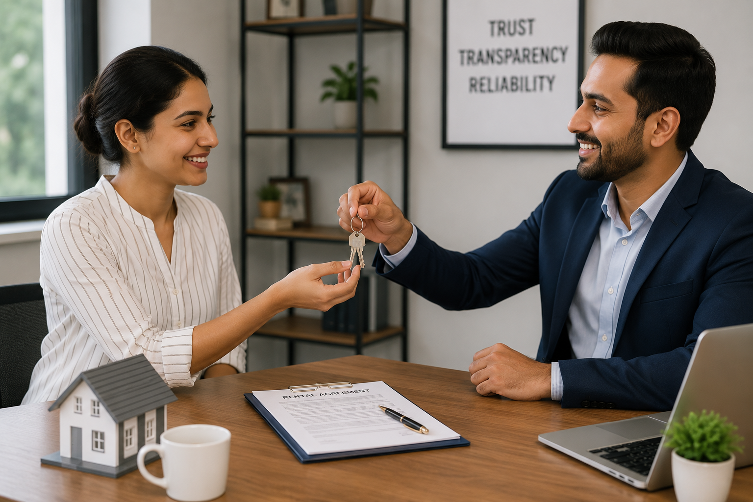 tenant and property manager exchanging house keys after agreement signing